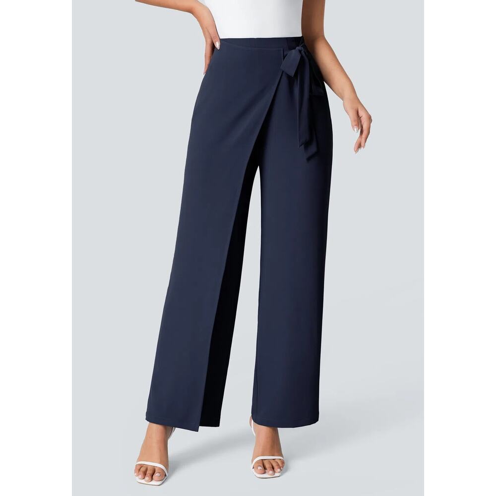 Halara High-Waisted Tie Side Wide-Leg Work Pants Blue Size Small Petite